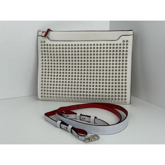 Christian Louboutin White Sky Pouch Clutch with Spike Studs and Silver Hardware - Picture 1 of 16